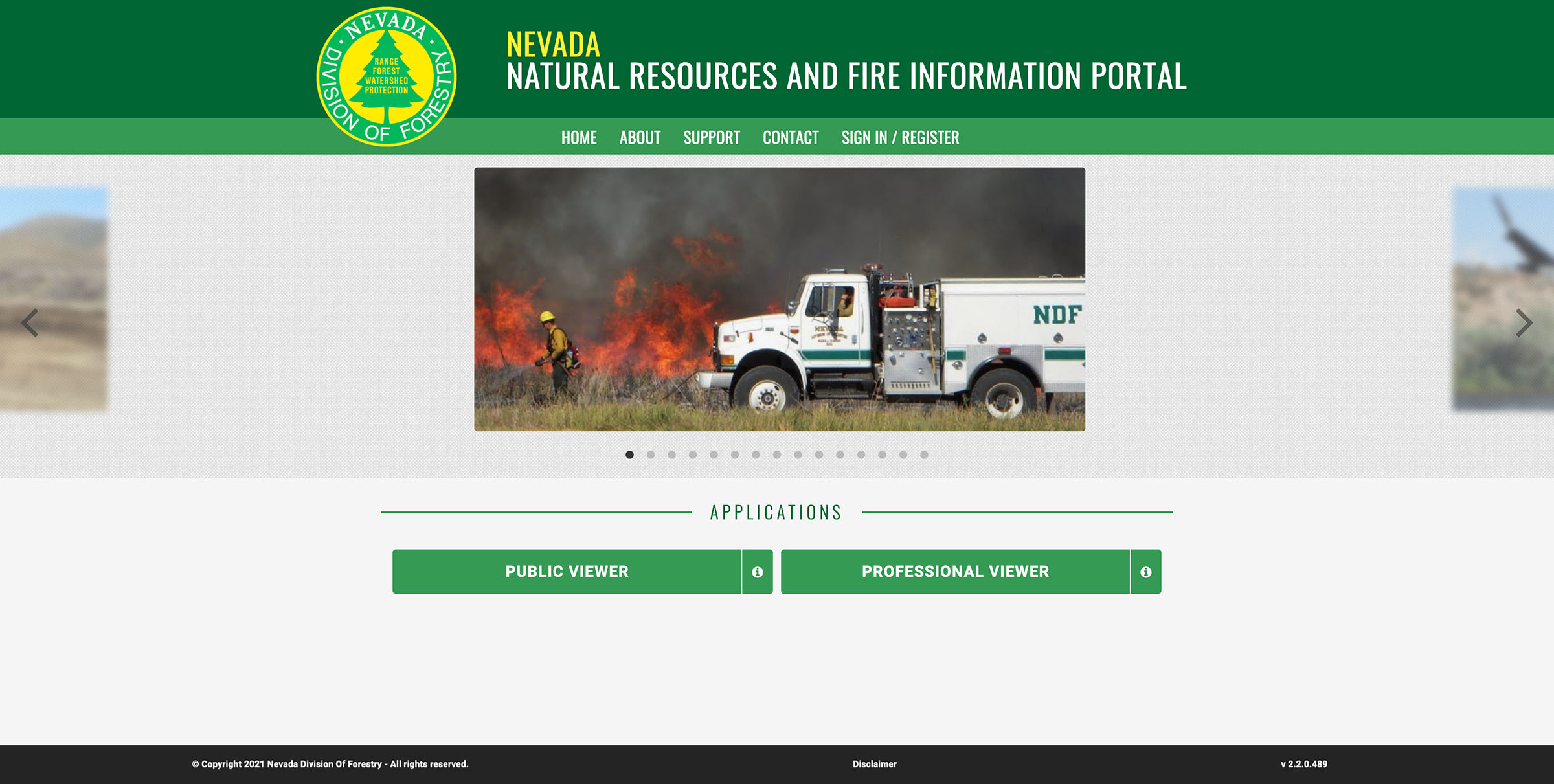 Screenshot showing the Nevada Resources and Fire Information Portal homepage.