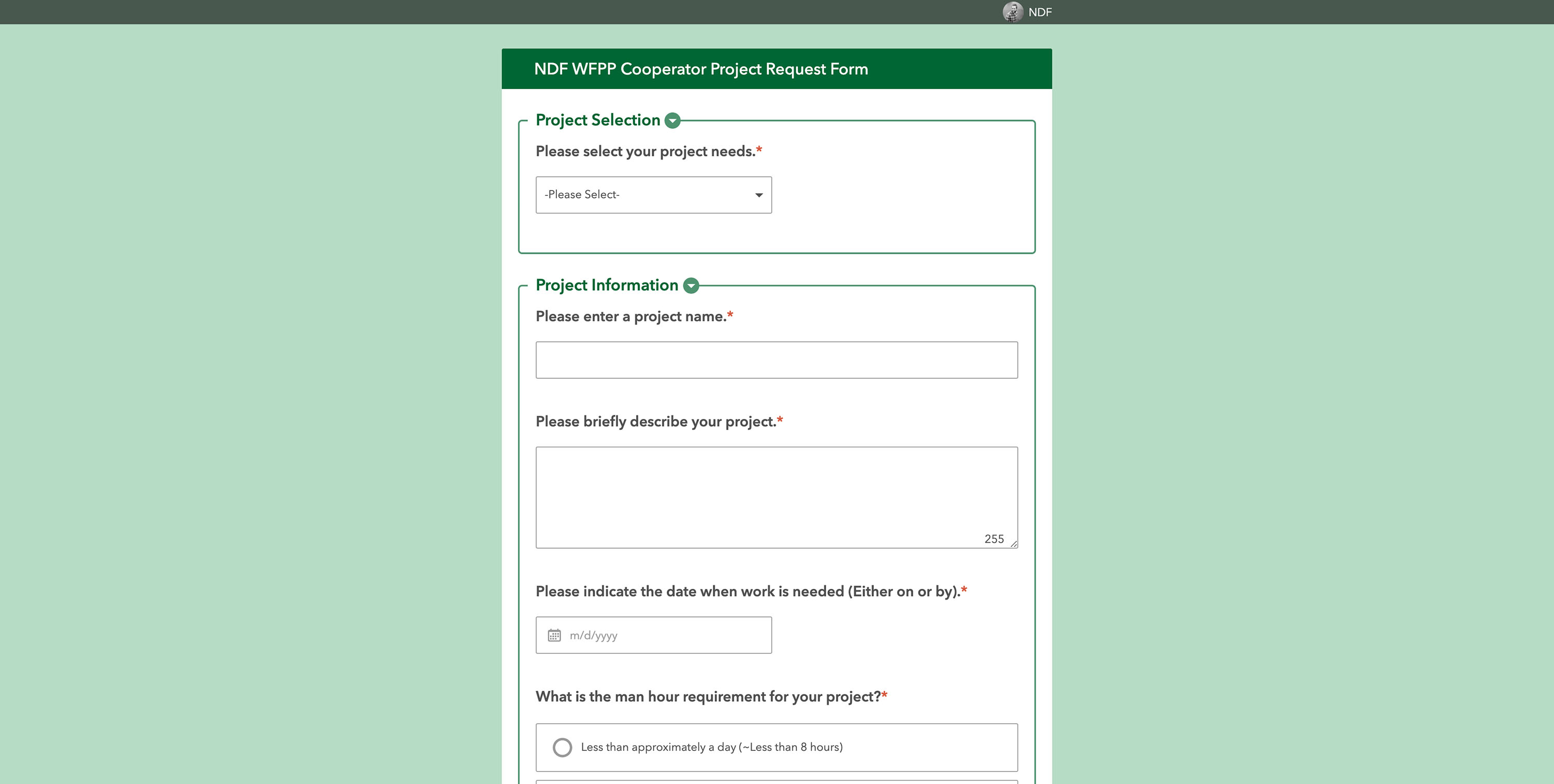 Screenshot showing the WFPP Cooperator Project Request Form.