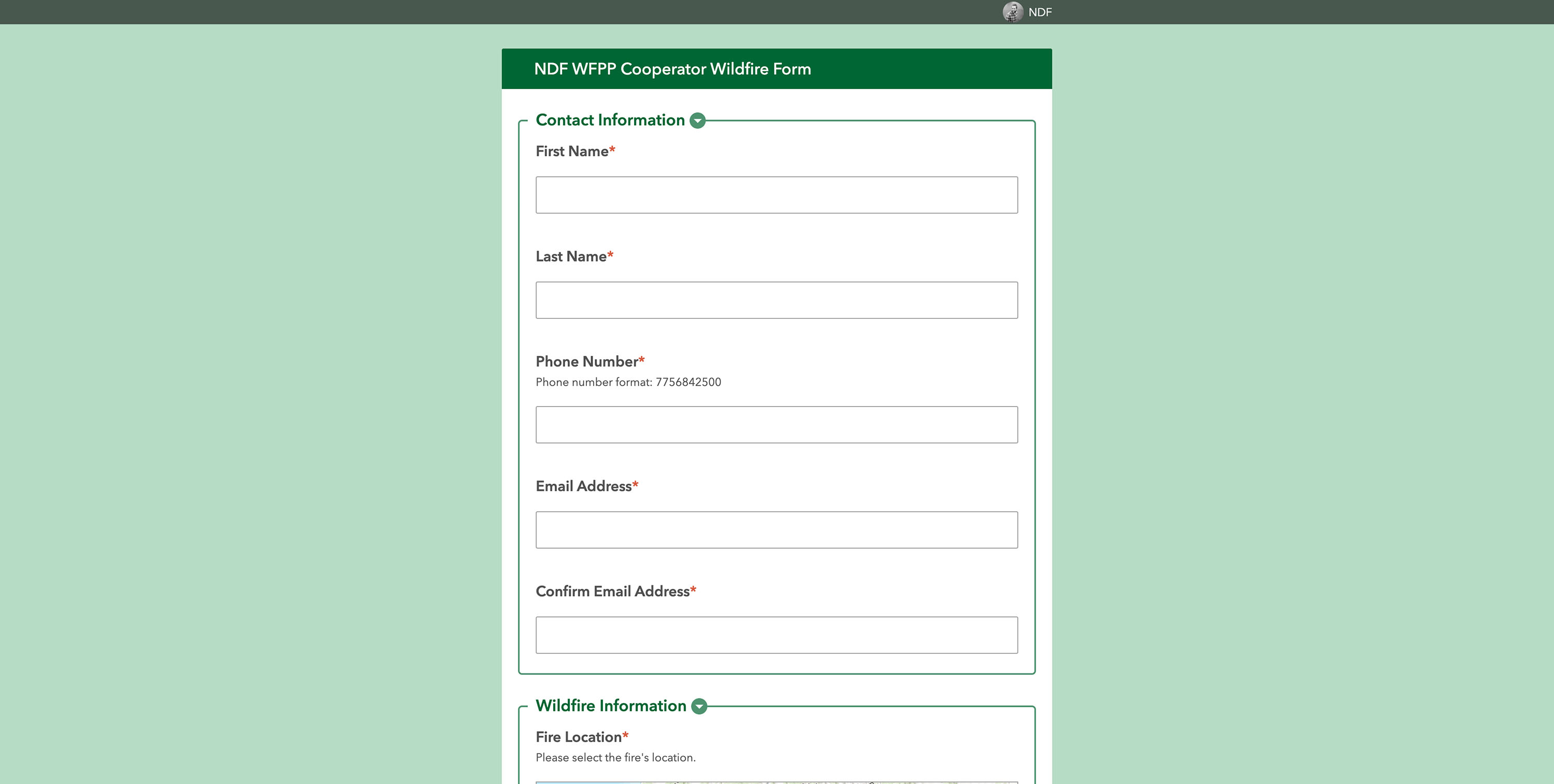 Screenshot showing the WFPP Cooperator Wildfire Form.