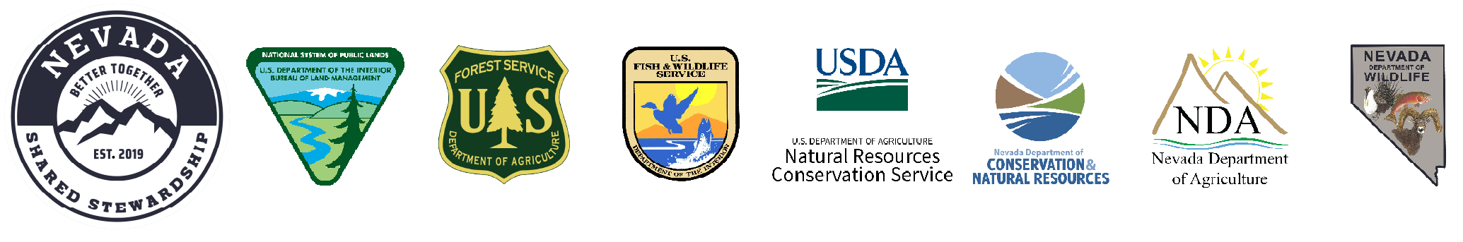 Shared Stewardship logo and logos of federal and state agencies that are party to the Nevada's Shared Stewardship agreement